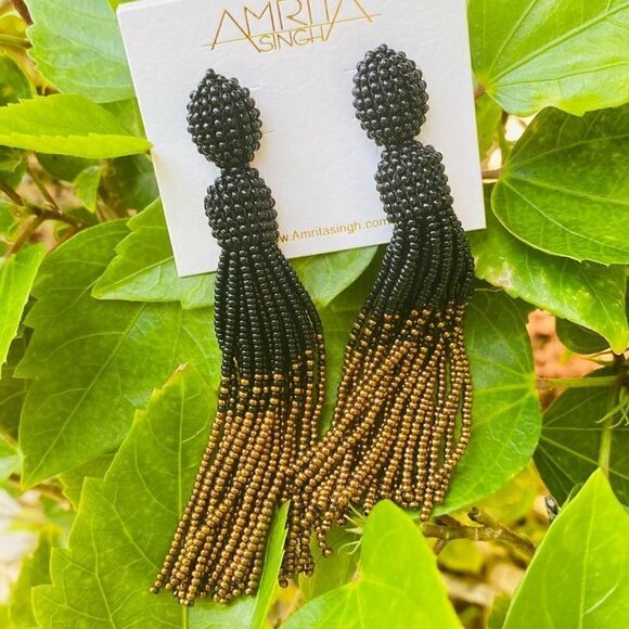 Black Gold Seed Bead Tassel Earring - Picture 1 of 4